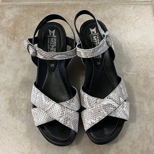 Mephisto Grey Leather Snake Print Wedge Sandals size 38